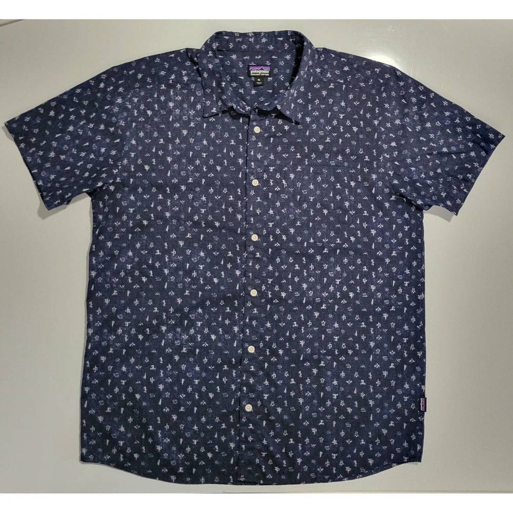 Patagonia Shirt Mens X Large Dark Blue Tribal Aztec Pattern Print Organic Casual